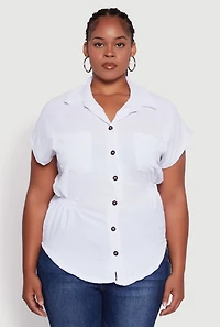 Womens Plus Size Crepe Knit Smocked Side Detail Shirt, White, Size 4X