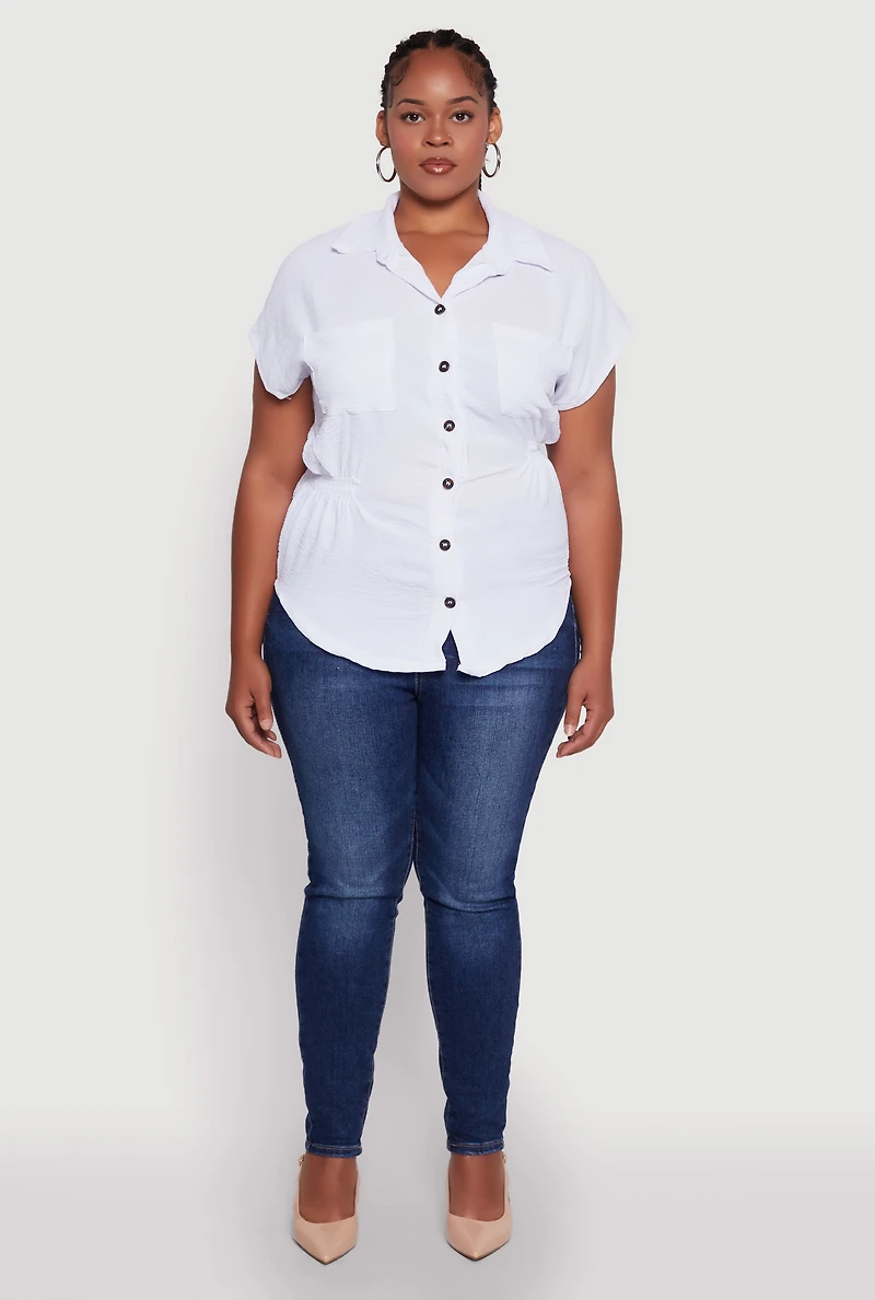 Womens Plus Size Crepe Knit Smocked Side Detail Shirt, White, Size 4X