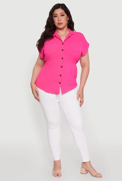 Womens Plus Crepe Knit Smocked Side Detail Shirt, Pink,