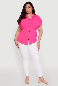 Womens Plus Crepe Knit Smocked Side Detail Shirt, Pink,