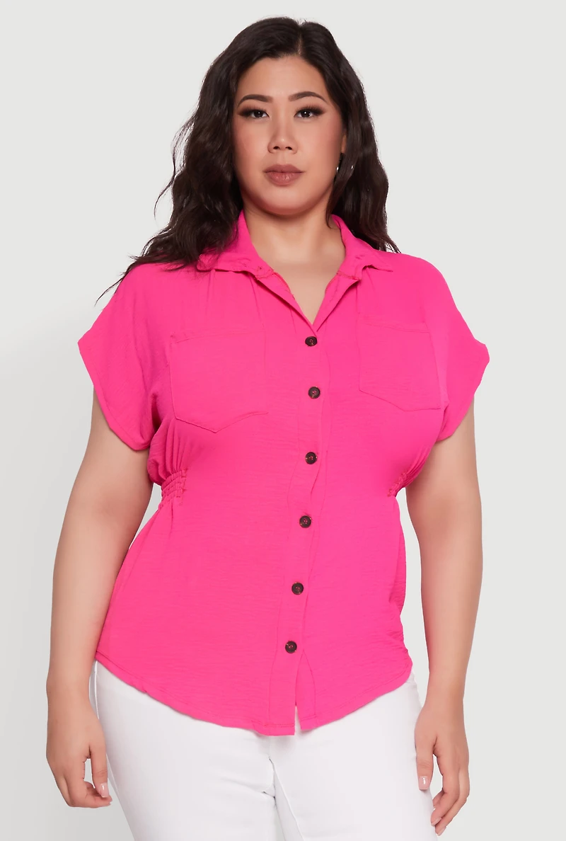 Womens Plus Crepe Knit Smocked Side Detail Shirt, Pink,