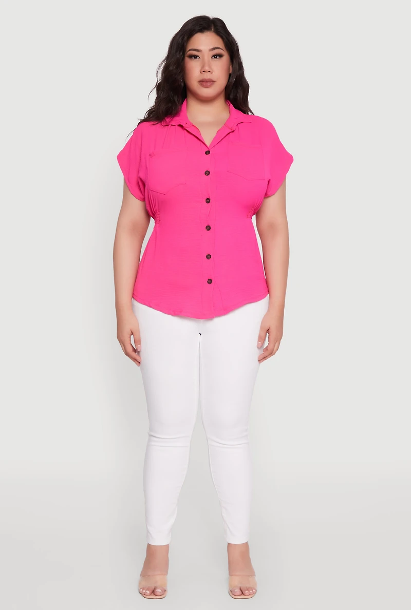 Womens Plus Crepe Knit Smocked Side Detail Shirt, Pink,