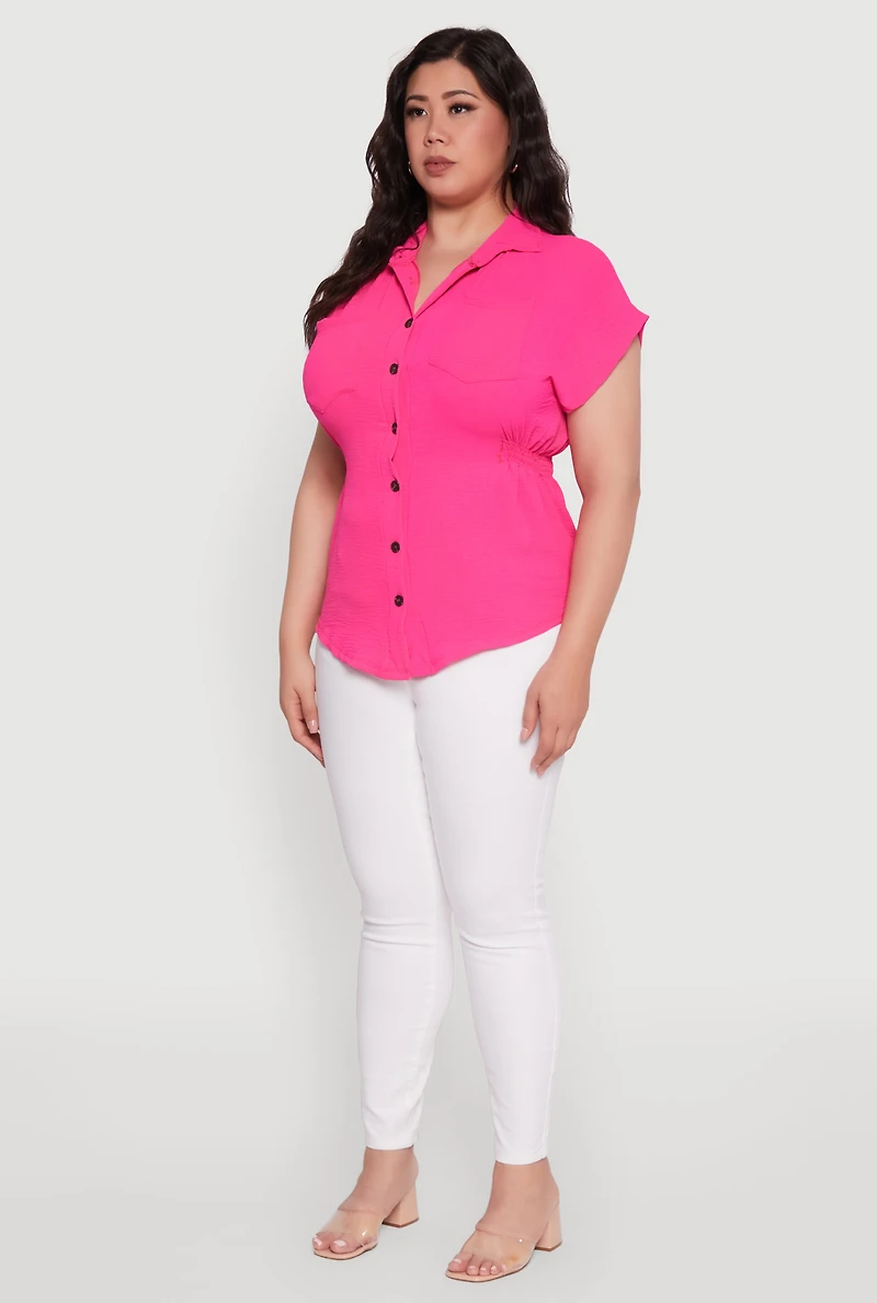 Womens Plus Crepe Knit Smocked Side Detail Shirt, Pink,