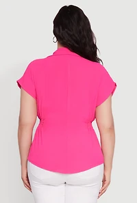 Womens Plus Crepe Knit Smocked Side Detail Shirt, Pink,