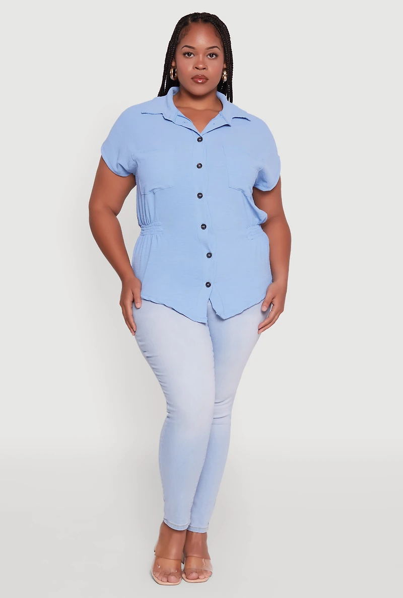 Womens Plus Crepe Knit Smocked Side Detail Shirt,