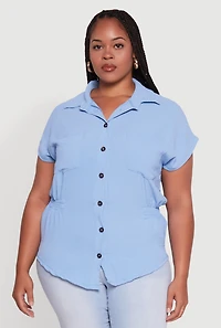 Womens Plus Size Crepe Knit Smocked Side Detail Shirt, Blue, Size 4X