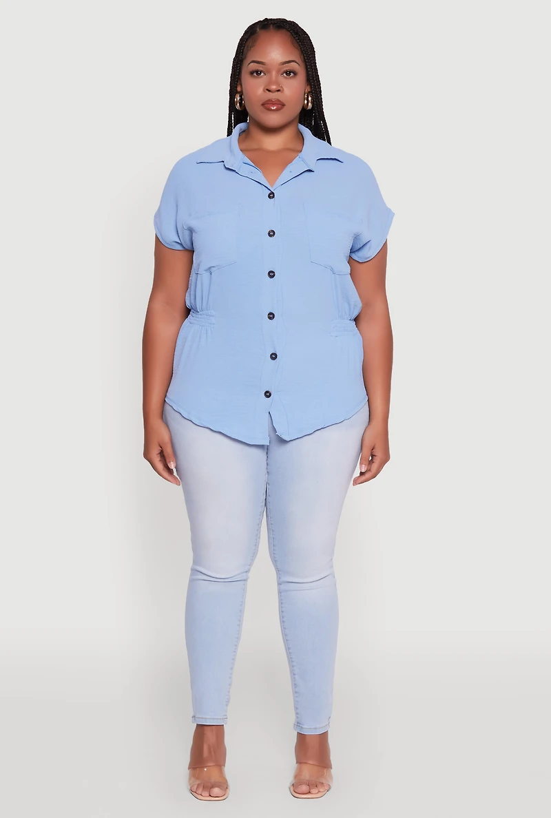 Womens Plus Size Crepe Knit Smocked Side Detail Shirt, Blue, Size 4X