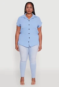 Womens Plus Size Crepe Knit Smocked Side Detail Shirt, Blue, Size 4X
