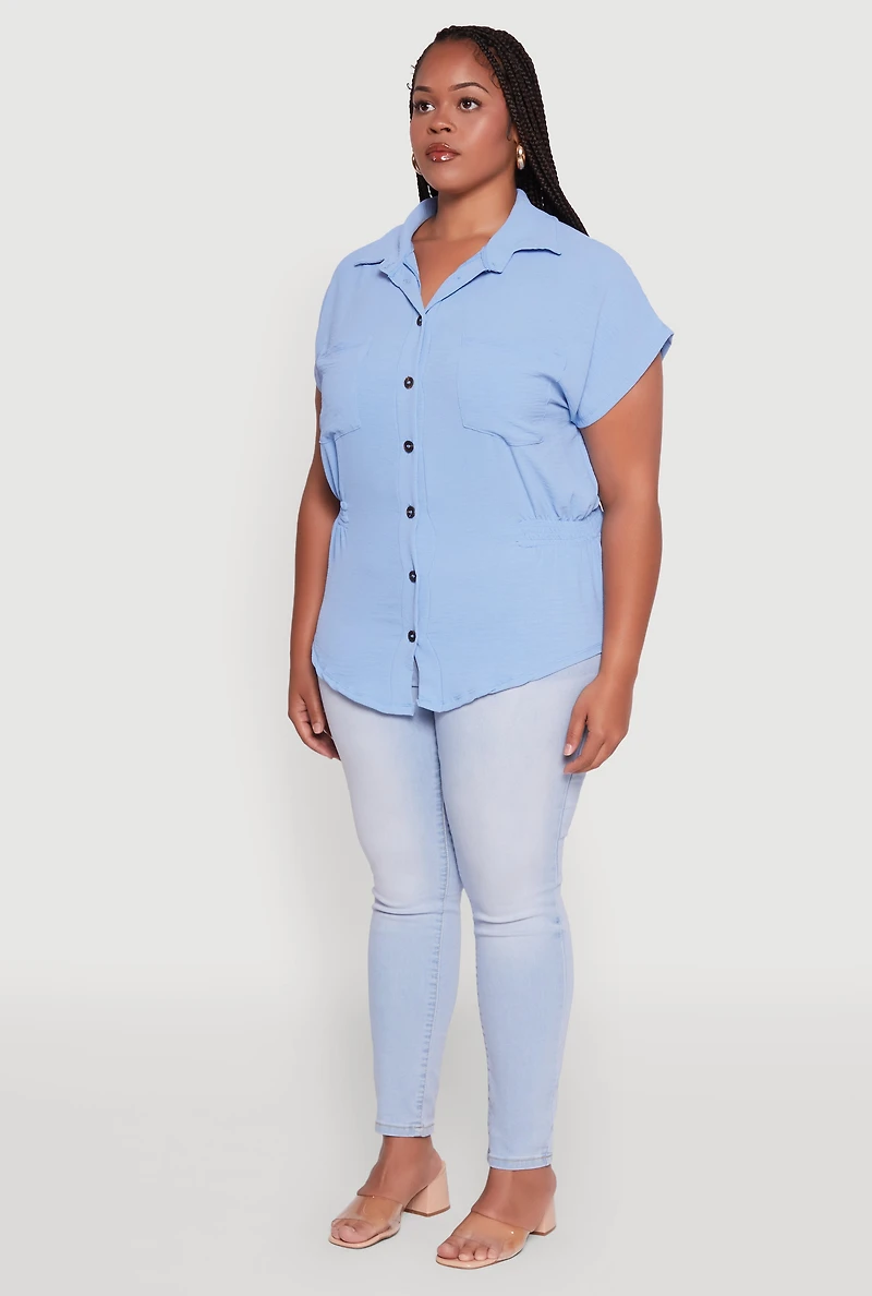 Womens Plus Crepe Knit Smocked Side Detail Shirt,