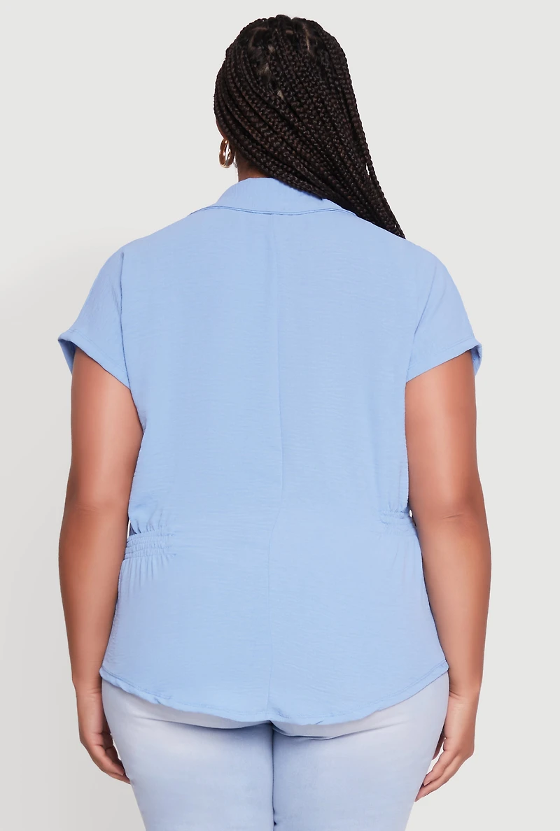 Womens Plus Size Crepe Knit Smocked Side Detail Shirt, Blue, Size 4X