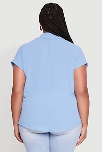 Womens Plus Size Crepe Knit Smocked Side Detail Shirt, Blue, Size 4X