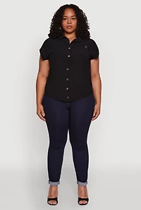 Womens Plus Size Airy Button Front Shirt, Black, Size 3X