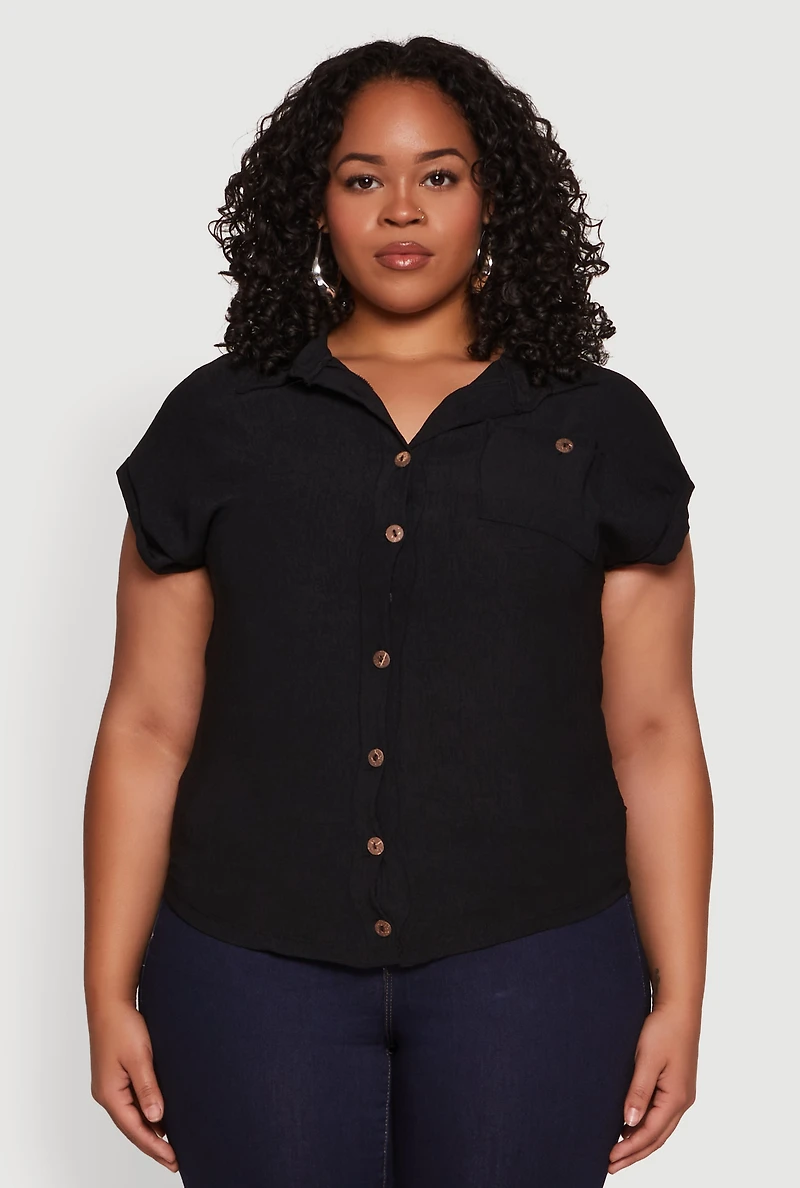 Womens Plus Size Airy Button Front Shirt, Black, Size 3X