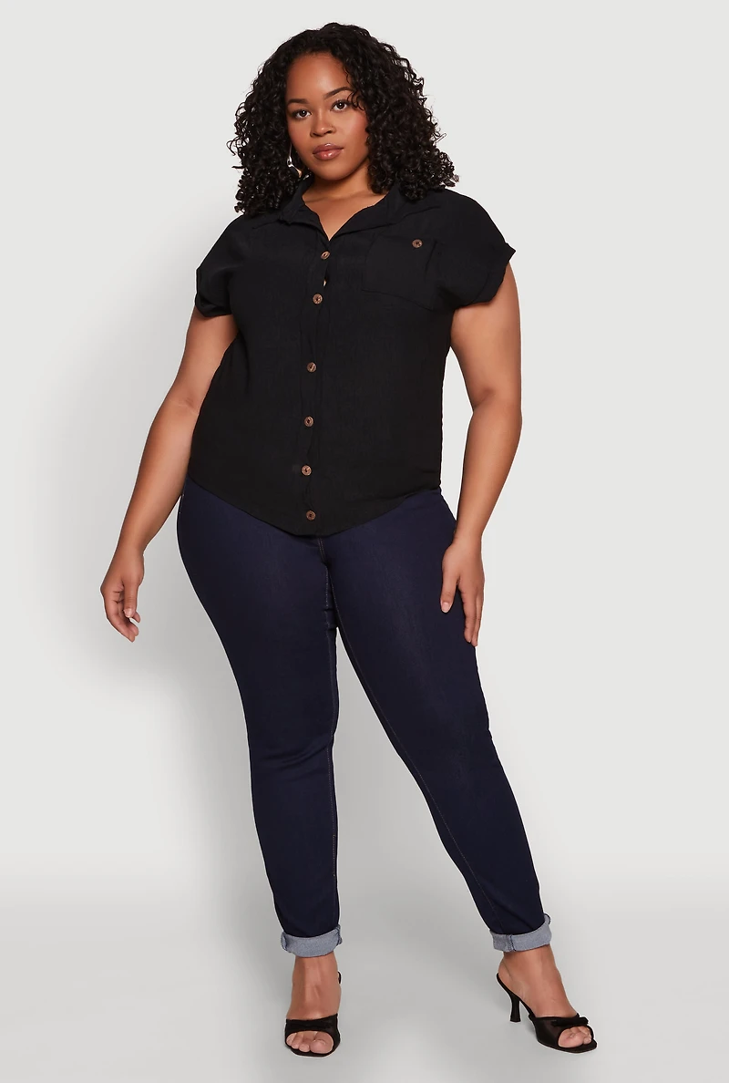 Womens Plus Airy Button Front Shirt,