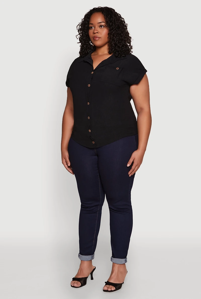 Womens Plus Size Airy Button Front Shirt, Black, Size 3X