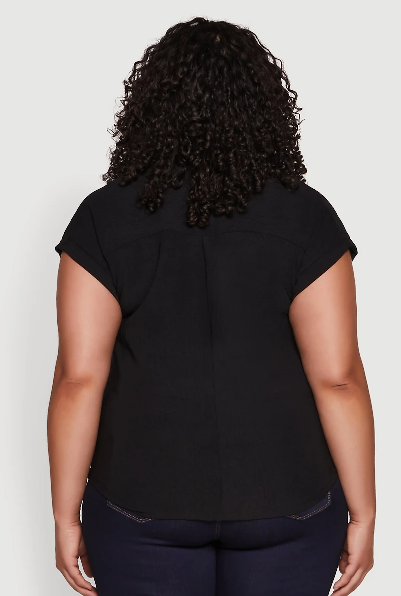 Womens Plus Size Airy Button Front Shirt, Black, Size 3X