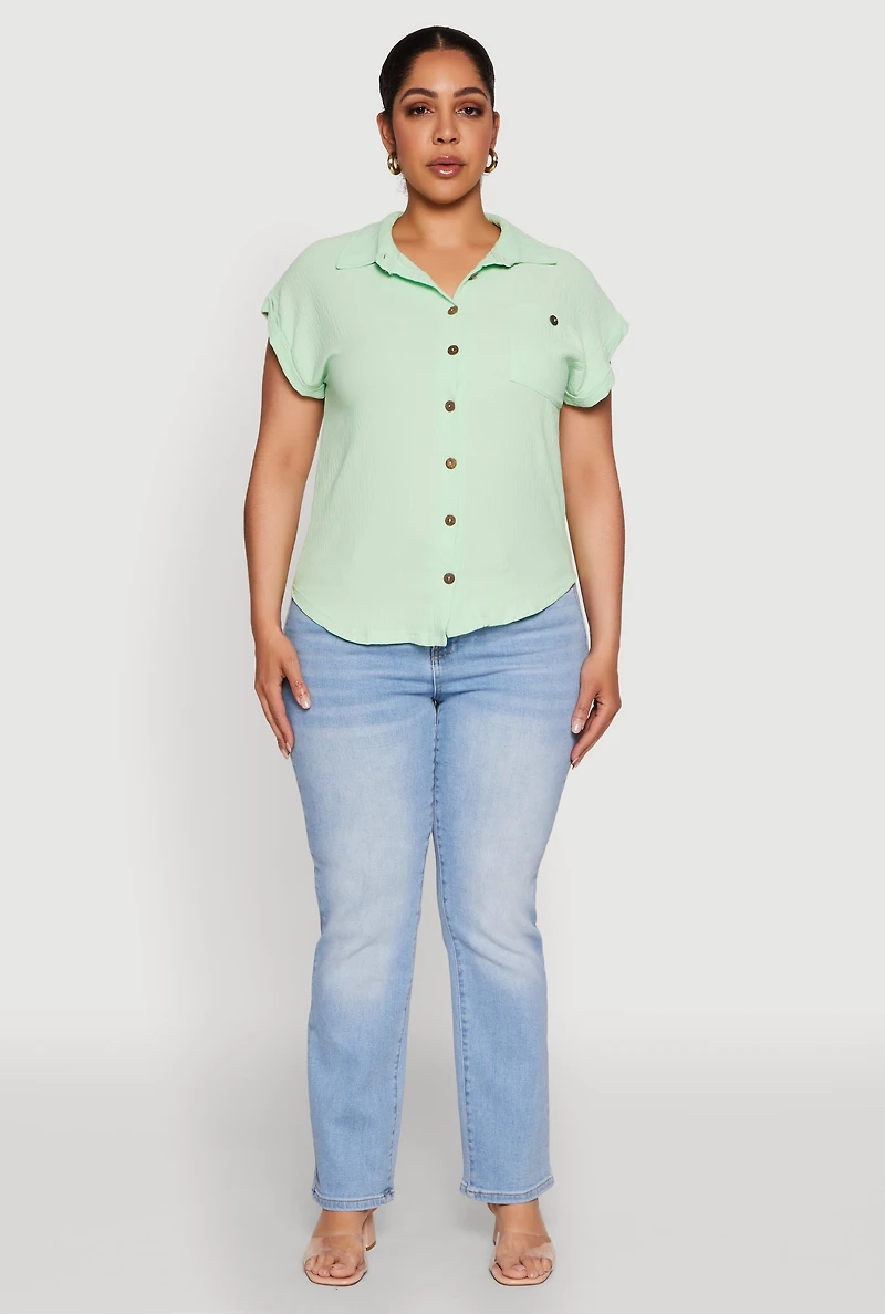Womens Plus Size Airy Button Front Shirt, Green, Size 3X