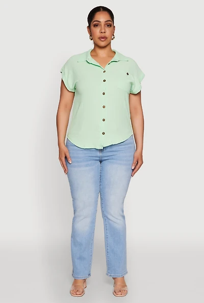 Womens Plus Size Airy Button Front Shirt, Green, Size 3X