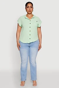 Womens Plus Size Airy Button Front Shirt, Green, Size 3X