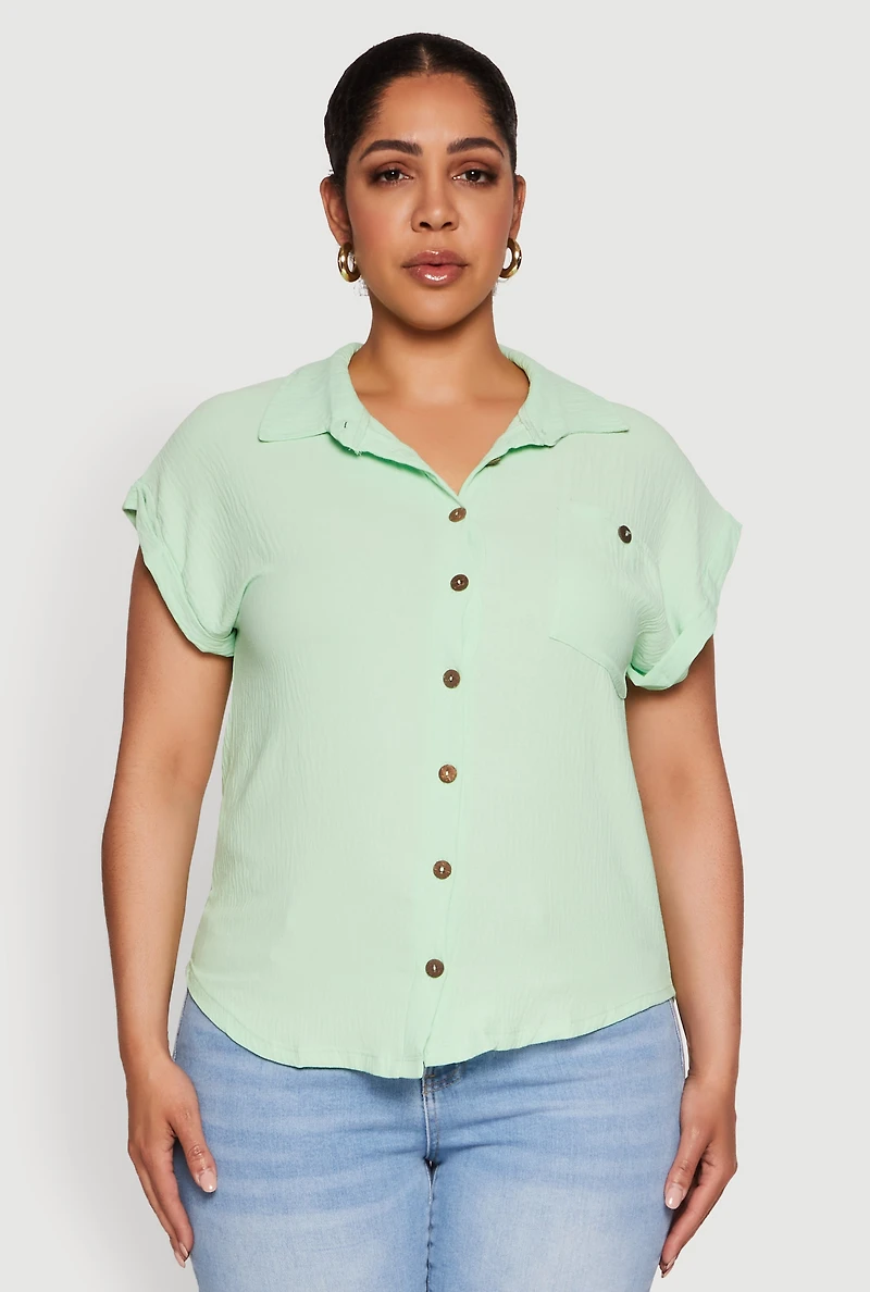 Womens Plus Size Airy Button Front Shirt, Green, Size 3X