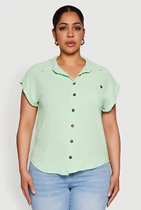 Womens Plus Size Airy Button Front Shirt, Green, Size 3X