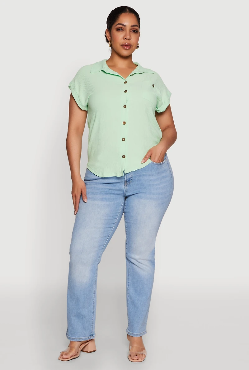 Womens Plus Size Airy Button Front Shirt, Green, Size 3X