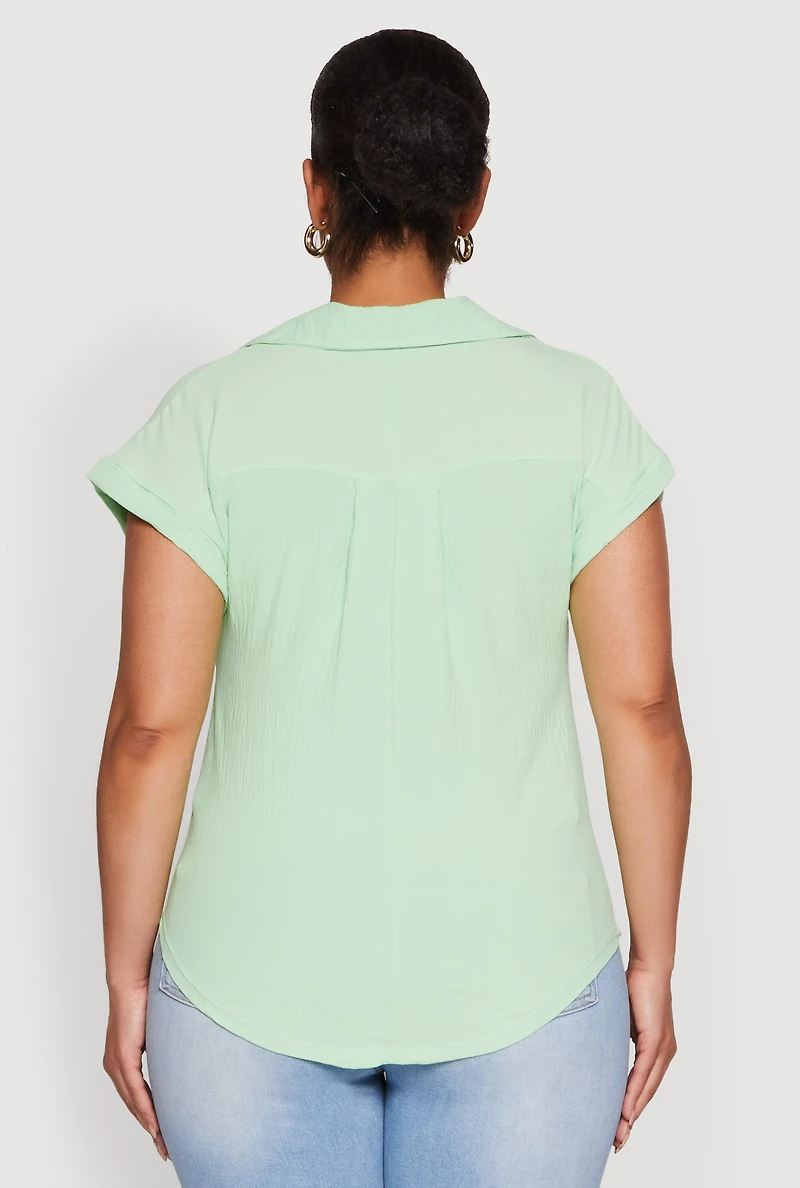 Womens Plus Size Airy Button Front Shirt, Green, Size 3X