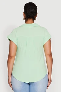Womens Plus Size Airy Button Front Shirt, Green, Size 3X
