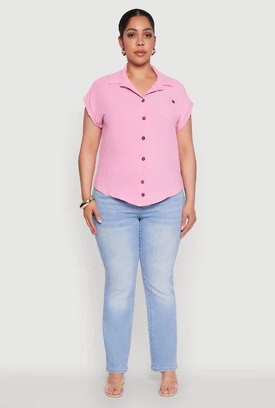 Womens Plus Size Airy Button Front Shirt, Pink, Size 4X