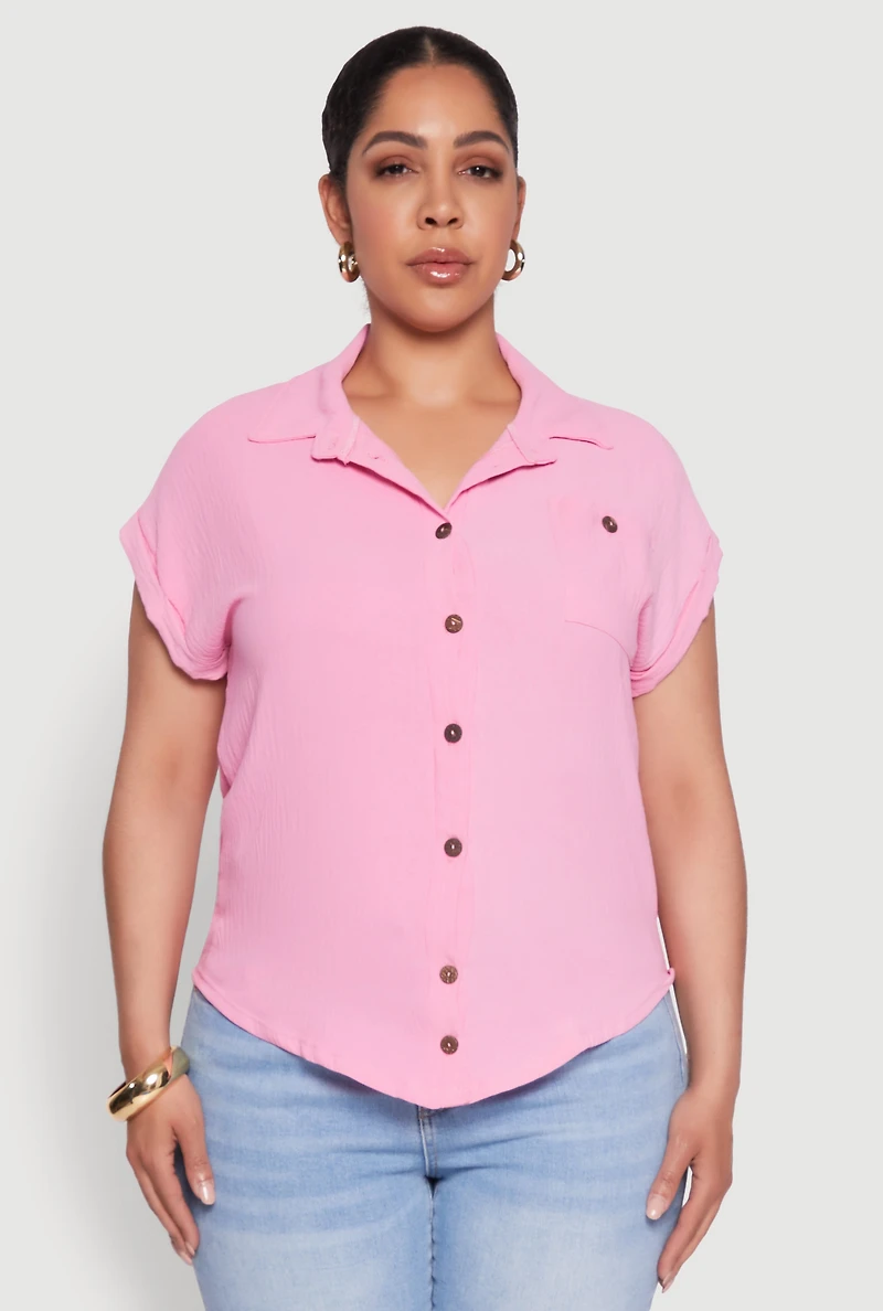 Womens Plus Size Airy Button Front Shirt, Pink, Size 4X