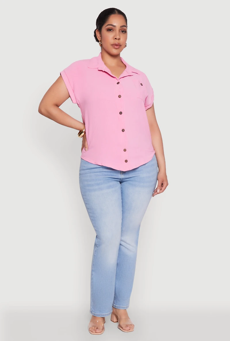 Womens Plus Size Airy Button Front Shirt, Pink, Size 4X