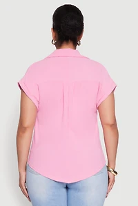 Womens Plus Size Airy Button Front Shirt, Pink, Size 4X