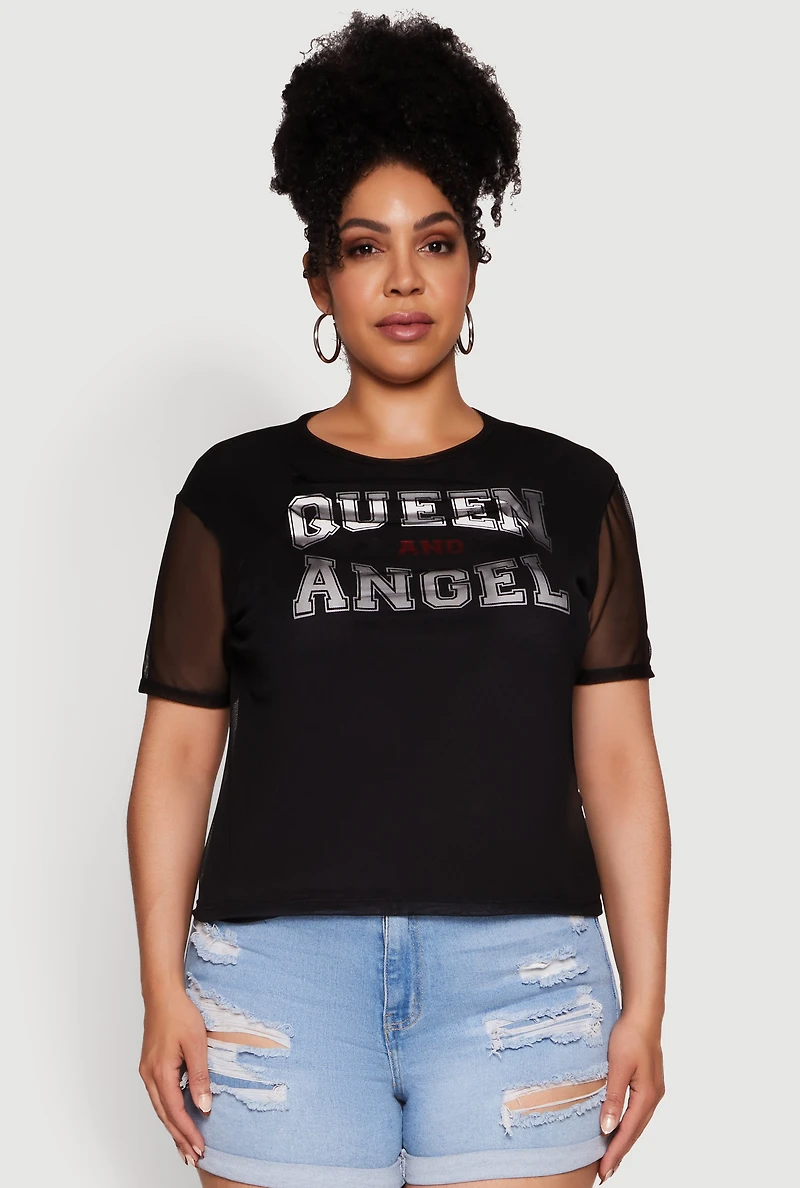 Womens Plus Size Queen and Angel Mesh Top, Black, Size 2X