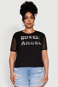 Womens Plus Size Queen and Angel Mesh Top, Black, Size 2X