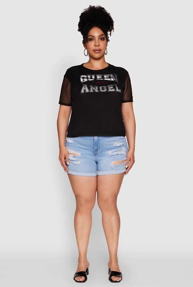 Womens Plus Size Queen and Angel Mesh Top, Black, Size 2X