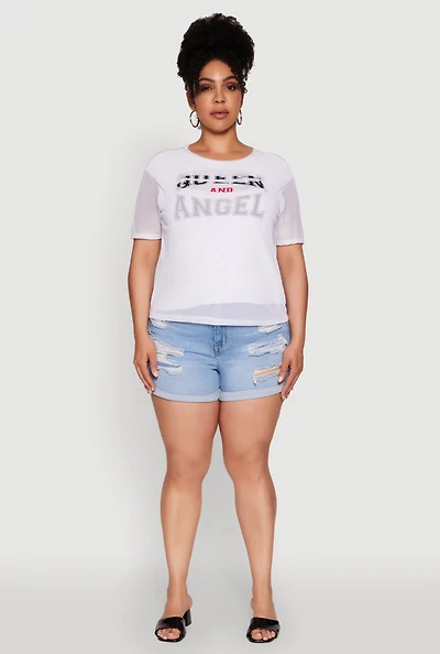 Womens Plus Size Queen and Angel Mesh Top, White, Size 2X