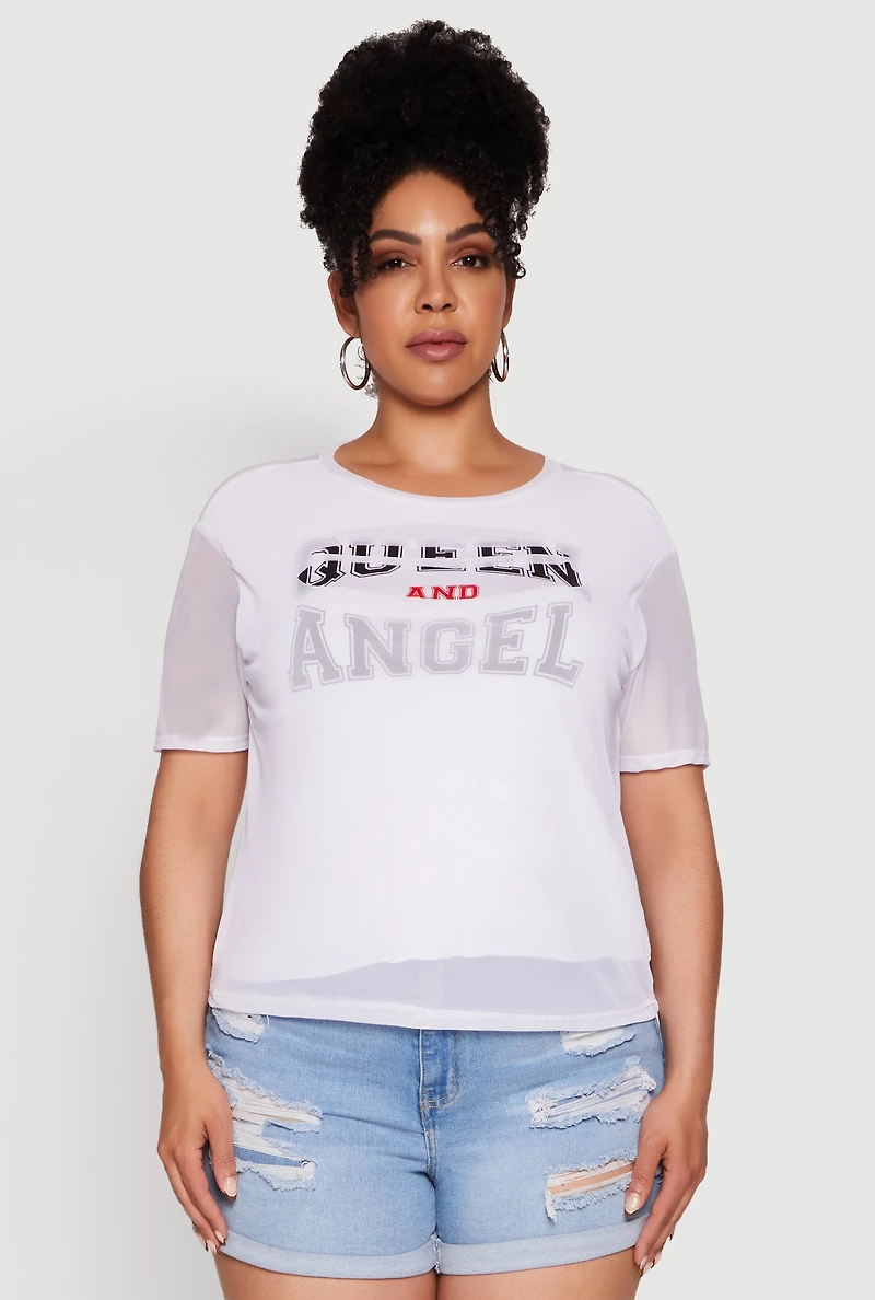 Womens Plus Size Queen and Angel Mesh Top, White, Size 3X
