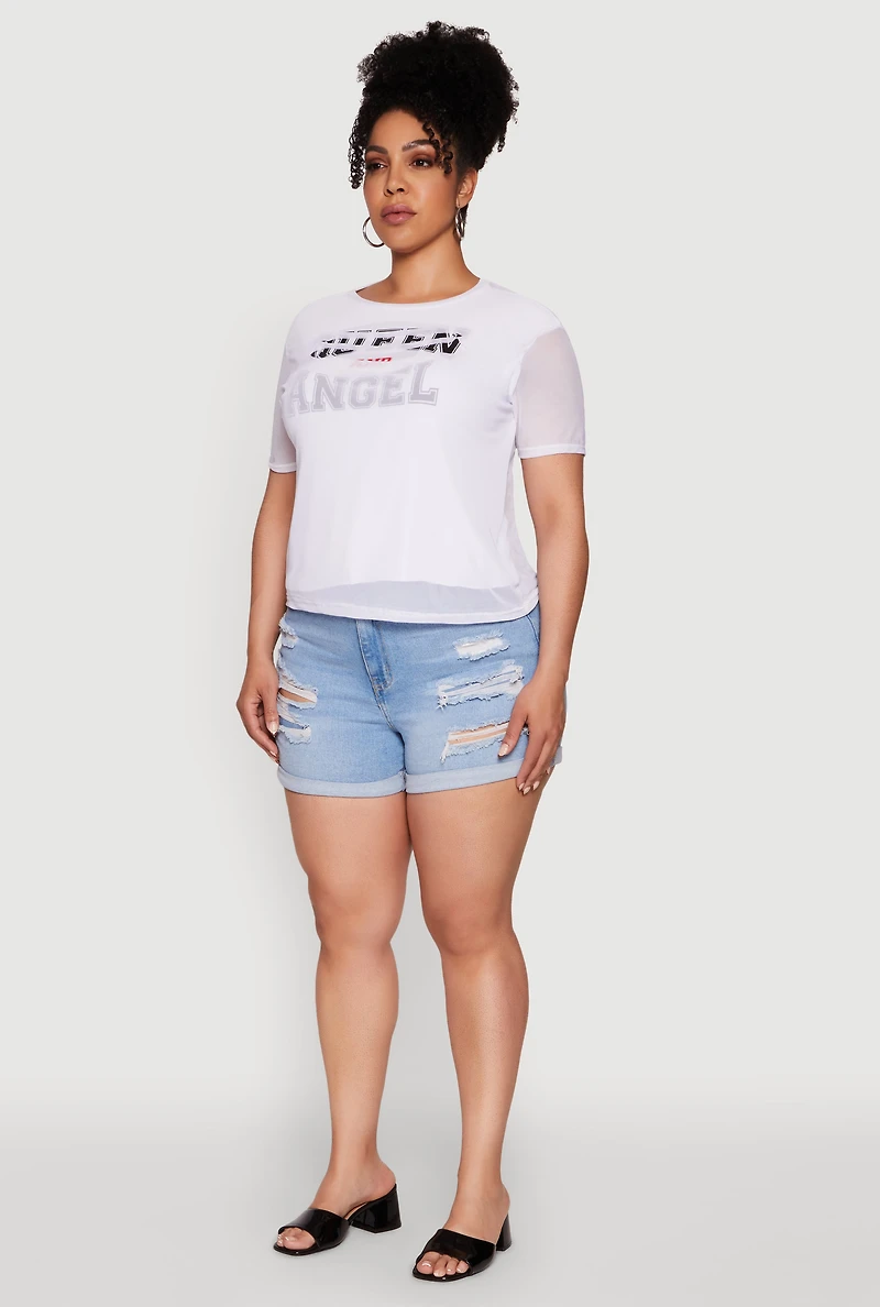 Womens Plus Queen and Angel Mesh Top, White,