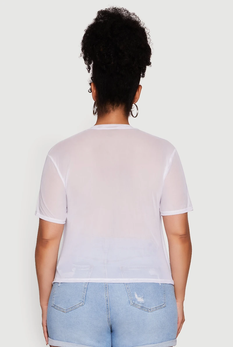 Womens Plus Queen and Angel Mesh Top, White,