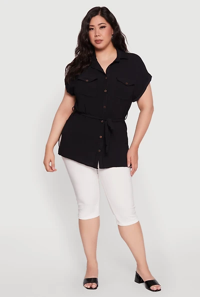 Womens Plus Classic Fit Crepe Knit Tie Waist Tunic Shirt,