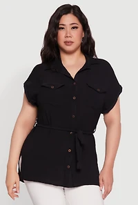 Womens Plus Classic Fit Crepe Knit Tie Waist Tunic Shirt, Black,