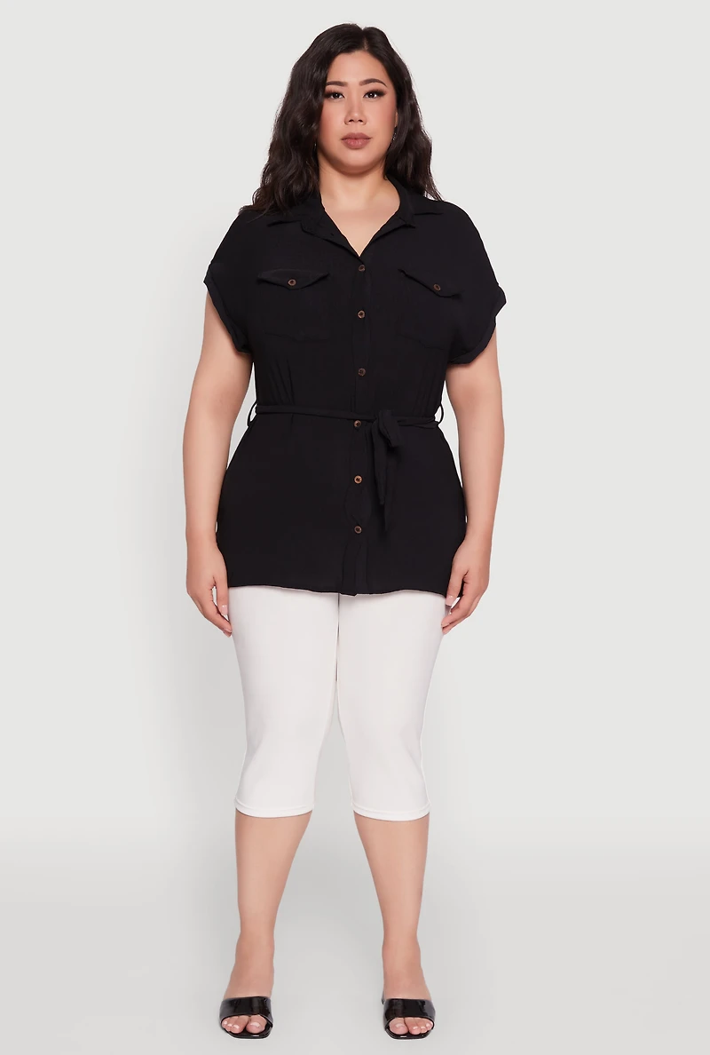 Womens Plus Classic Fit Crepe Knit Tie Waist Tunic Shirt, Black,
