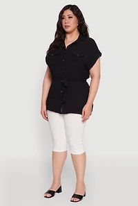 Womens Plus Classic Fit Crepe Knit Tie Waist Tunic Shirt, Black,