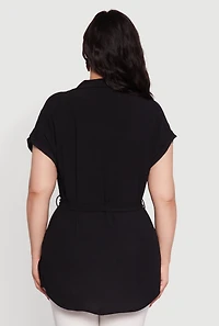Womens Plus Classic Fit Crepe Knit Tie Waist Tunic Shirt, Black,