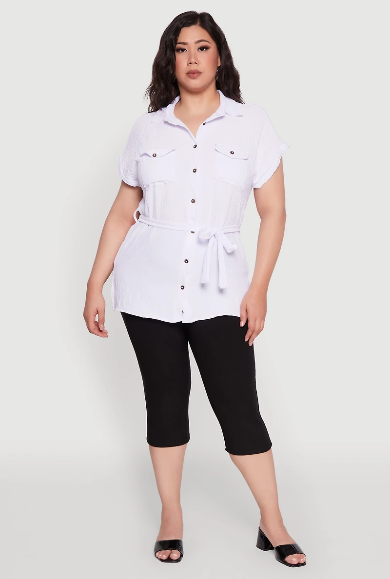 Womens Plus Size Classic Fit Crepe Knit Tie Waist Tunic Shirt, White, Size 4X