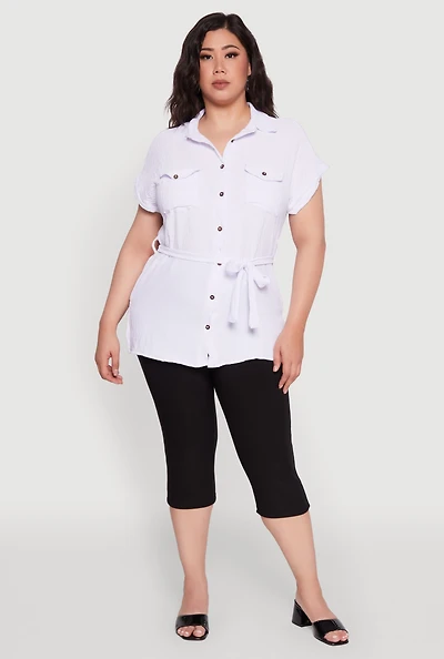 Womens Plus Size Classic Fit Crepe Knit Tie Waist Tunic Shirt, White, Size 3X