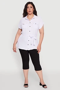 Womens Plus Size Classic Fit Crepe Knit Tie Waist Tunic Shirt, White, Size 3X