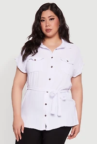 Womens Plus Size Classic Fit Crepe Knit Tie Waist Tunic Shirt, White, Size 3X