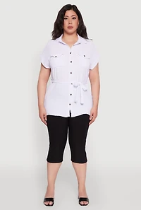 Womens Plus Size Classic Fit Crepe Knit Tie Waist Tunic Shirt, White, Size 3X