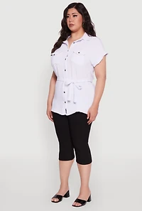 Womens Plus Size Classic Fit Crepe Knit Tie Waist Tunic Shirt, White, Size 3X
